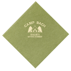 Gather around the campfire with the Camp Bachelorette Wilderness Napkin, personalized with "Camp Bach" arching over a charming tent and trees graphic, and the bachelorette's name prominently displayed below. A rustic yet chic touch to any outdoor bachelorette adventure.