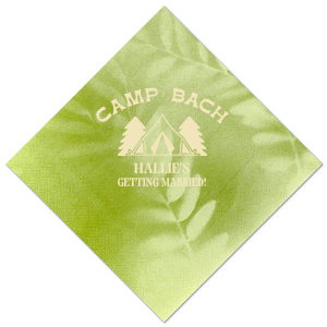 Gather around the campfire with the Camp Bachelorette Wilderness Napkin, personalized with "Camp Bach" arching over a charming tent and trees graphic, and the bachelorette's name prominently displayed below. A rustic yet chic touch to any outdoor bachelorette adventure.