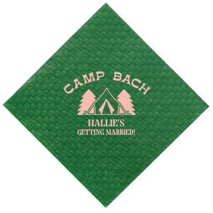 Gather around the campfire with the Camp Bachelorette Wilderness Napkin, personalized with "Camp Bach" arching over a charming tent and trees graphic, and the bachelorette's name prominently displayed below. A rustic yet chic touch to any outdoor bachelorette adventure.