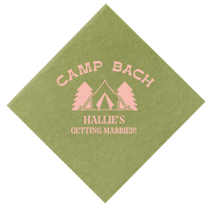 Gather around the campfire with the Camp Bachelorette Wilderness Napkin, personalized with "Camp Bach" arching over a charming tent and trees graphic, and the bachelorette's name prominently displayed below. A rustic yet chic touch to any outdoor bachelorette adventure.