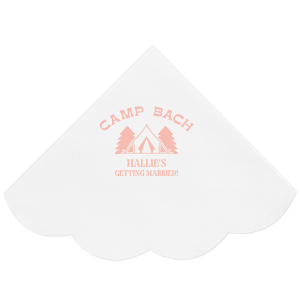 Gather around the campfire with the Camp Bachelorette Wilderness Napkin, personalized with "Camp Bach" arching over a charming tent and trees graphic, and the bachelorette's name prominently displayed below. A rustic yet chic touch to any outdoor bachelorette adventure.