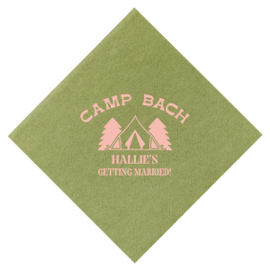 Gather around the campfire with the Camp Bachelorette Wilderness Napkin, personalized with "Camp Bach" arching over a charming tent and trees graphic, and the bachelorette's name prominently displayed below. A rustic yet chic touch to any outdoor bachelorette adventure.