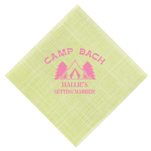 Gather around the campfire with the Camp Bachelorette Wilderness Napkin, personalized with "Camp Bach" arching over a charming tent and trees graphic, and the bachelorette's name prominently displayed below. A rustic yet chic touch to any outdoor bachelorette adventure.