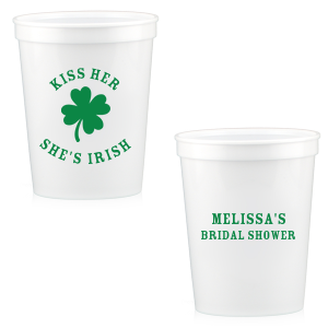 Add a dash of good luck to your event with the Kiss Me I'm Irish Cup! Featuring a dour leaf clover on one side and space to personalize with your name and the event you're celebrating on the other side, this custom cup is perfect for a bridal shower or entertaining at home. 