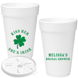 Add a dash of good luck to your event with the Kiss Me I'm Irish Cup! Featuring a dour leaf clover on one side and space to personalize with your name and the event you're celebrating on the other side, this custom cup is perfect for a bridal shower or entertaining at home. 