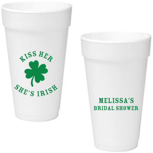 Add a dash of good luck to your event with the Kiss Me I'm Irish Cup! Featuring a dour leaf clover on one side and space to personalize with your name and the event you're celebrating on the other side, this custom cup is perfect for a bridal shower or entertaining at home. 
