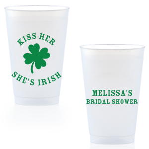 Add a dash of good luck to your event with the Kiss Me I'm Irish Cup! Featuring a dour leaf clover on one side and space to personalize with your name and the event you're celebrating on the other side, this custom cup is perfect for a bridal shower or entertaining at home. 