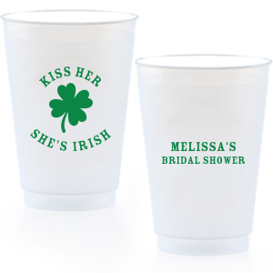 Add a dash of good luck to your event with the Kiss Me I'm Irish Cup! Featuring a dour leaf clover on one side and space to personalize with your name and the event you're celebrating on the other side, this custom cup is perfect for a bridal shower or entertaining at home. 