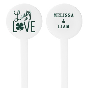 Celebrate your union with the Lucky In Love Stir Stick. On one side, customize this drink stirrer with the couple's names. The other side declares the duo are "lucky in love" adorned with a lucky four leaf clover. Enjoy this stir stick with a signature drink at your wedding. 