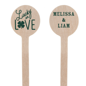 Celebrate your union with the Lucky In Love Stir Stick. On one side, customize this drink stirrer with the couple's names. The other side declares the duo are "lucky in love" adorned with a lucky four leaf clover. Enjoy this stir stick with a signature drink at your wedding. 