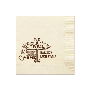 Embark on the ultimate pre-wedding hike with the Camp Bachelorette Last Trail Napkin, featuring a trailhead arrow donning a bridal veil and the playful words "Last Trail Before the Veil." Personalize with the bachelorette's name for a whimsical touch to your wilderness celebration.