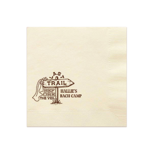 Embark on the ultimate pre-wedding hike with the Camp Bachelorette Last Trail Napkin, featuring a trailhead arrow donning a bridal veil and the playful words "Last Trail Before the Veil." Personalize with the bachelorette's name for a whimsical touch to your wilderness celebration.