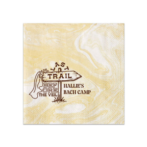 Embark on the ultimate pre-wedding hike with the Camp Bachelorette Last Trail Napkin, featuring a trailhead arrow donning a bridal veil and the playful words "Last Trail Before the Veil." Personalize with the bachelorette's name for a whimsical touch to your wilderness celebration.