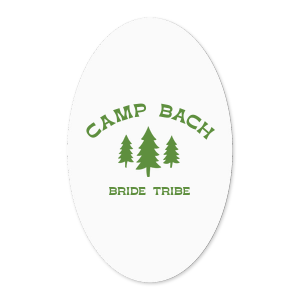 Label your bachelorette party essentials with the Camp Bachelorette Wilderness Label, featuring a serene forest scene topped with "Camp Bach" in an arch, evoking the spirit of adventure. An ideal accent for your camp themed bachelorette getaway.