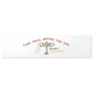Mark the final adventure before marriage with the Camp Bachelorette Last Trail Label, emblazoned with "Last Trail Before the Veil" and a whimsical trailhead arrow, playfully sporting a bridal veil. Customize this charming memento with the bride-to-be's name, perfect for her wilderness bachelorette bash.