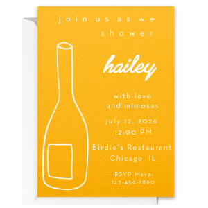 Invite guests to celebrate in sophisticated style with the Minimal Bridal Shower Wine Bottle Invitation. It sets the tone with the bride-to-be's name elegantly scripted, event details in a contemporary serif font, and a chic line drawing of a wine bottle. This minimalistic design promises an upscale and memorable bridal shower experience.