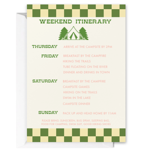 Navigate through the bachelorette festivities with the Camp Bachelorette Adventure Itinerary, framed in a stylish green and cream grid. Featuring a quaint tent and trees graphic, this itinerary can be customized with all the trip's activities, ensuring a weekend of camp-themed fun for the bride-to-be and her squad.