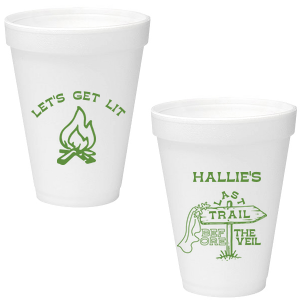 Gather around the bonfire with the Camp Bachelorette Last Trail Cup, featuring a lively campfire graphic paired with the cheeky phrase let's Get Lit, and a trailhead arrow dressed in a veil on the reverse, proclaiming "Last Trail Before the Veil." Customize with the bachelorette's name for a memento that captures the spirit of her final single days in the great outdoors.