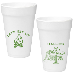 Gather around the bonfire with the Camp Bachelorette Last Trail Cup, featuring a lively campfire graphic paired with the cheeky phrase let's Get Lit, and a trailhead arrow dressed in a veil on the reverse, proclaiming "Last Trail Before the Veil." Customize with the bachelorette's name for a memento that captures the spirit of her final single days in the great outdoors.
