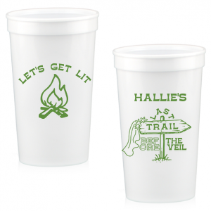 Gather around the bonfire with the Camp Bachelorette Last Trail Cup, featuring a lively campfire graphic paired with the cheeky phrase let's Get Lit, and a trailhead arrow dressed in a veil on the reverse, proclaiming "Last Trail Before the Veil." Customize with the bachelorette's name for a memento that captures the spirit of her final single days in the great outdoors.