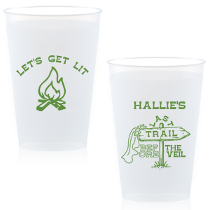 Gather around the bonfire with the Camp Bachelorette Last Trail Cup, featuring a lively campfire graphic paired with the cheeky phrase let's Get Lit, and a trailhead arrow dressed in a veil on the reverse, proclaiming "Last Trail Before the Veil." Customize with the bachelorette's name for a memento that captures the spirit of her final single days in the great outdoors.