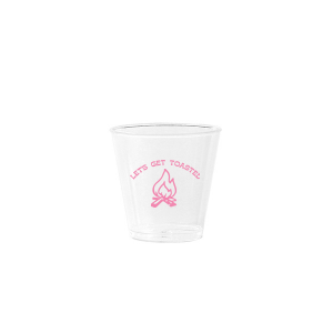 Embrace the wilderness vibe with the Camp Bachelorette Let's Get Toasted Shot Glass, perfect for warming up by the fire. The playful phrase overlays a toasty campfire graphic, setting the mood for a night of fun under the stars at your bachelorette retreat.