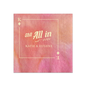 Celebrate the luster of your lasting love with the Diamonds Playing Card Still All In Anniversary Napkin. Encased within the diamond suit, your initials take center stage, complemented by the bold "Still All In" phrase, the treasured year in script, and the couple's name below. A timeless keepsake for your cherished anniversary festivity.