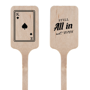 Elevate your celebratory drinks with the Playing Card Still All In Anniversary Stir Stick, featuring a classic spades playing card graphic customized with your initials. The reverse side proudly declares "Still All In," with space to add the milestone year, making it a treasured token of time spent together.