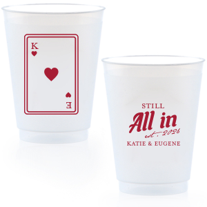 Celebrate lasting love with the Playing Card Still All In Anniversary Cup. One side adorns a hearts playing card graphic, personalized with your initials. The other side is inscribed with "Still All In," alongside the celebratory year and the couple's names, symbolizing a winning hand in marriage.