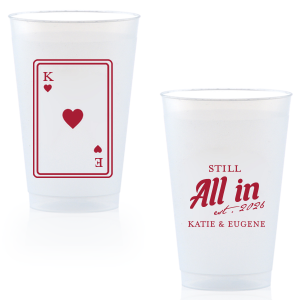 Celebrate lasting love with the Playing Card Still All In Anniversary Cup. One side adorns a hearts playing card graphic, personalized with your initials. The other side is inscribed with "Still All In," alongside the celebratory year and the couple's names, symbolizing a winning hand in marriage.