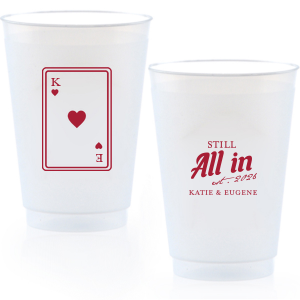 Celebrate lasting love with the Playing Card Still All In Anniversary Cup. One side adorns a hearts playing card graphic, personalized with your initials. The other side is inscribed with "Still All In," alongside the celebratory year and the couple's names, symbolizing a winning hand in marriage.