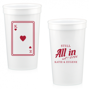 Celebrate lasting love with the Playing Card Still All In Anniversary Cup. One side adorns a hearts playing card graphic, personalized with your initials. The other side is inscribed with "Still All In," alongside the celebratory year and the couple's names, symbolizing a winning hand in marriage.