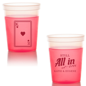 Celebrate lasting love with the Playing Card Still All In Anniversary Cup. One side adorns a hearts playing card graphic, personalized with your initials. The other side is inscribed with "Still All In," alongside the celebratory year and the couple's names, symbolizing a winning hand in marriage.