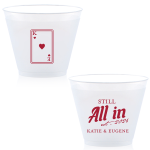 Celebrate lasting love with the Playing Card Still All In Anniversary Cup. One side adorns a hearts playing card graphic, personalized with your initials. The other side is inscribed with "Still All In," alongside the celebratory year and the couple's names, symbolizing a winning hand in marriage.