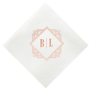 Embrace sophistication with the Deco Diamond Initials Frame Napkin, where Art Deco elegance meets modern love. A layered diamond frame highlights the couple's initials, set against an architectural, 3D backdrop. Perfect for couples seeking a refined, detail-oriented touch to their special day.