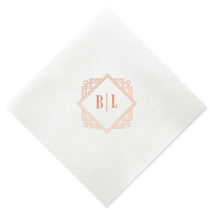 Embrace sophistication with the Deco Diamond Initials Frame Napkin, where Art Deco elegance meets modern love. A layered diamond frame highlights the couple's initials, set against an architectural, 3D backdrop. Perfect for couples seeking a refined, detail-oriented touch to their special day.