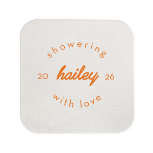 Embrace the essence of modern elegance with the Minimal Bridal Shower Coaster. The bride-to-be's name is gracefully scripted at the center, encircled by the tender sentiment "Showering with Love," with a space to add the celebration date. A chic and understated token of affection for her special day.