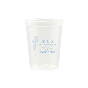 Celebrate the blossoming of a new union with the Happily Ever After Floral Cup, adorned with a graphic of a delicate flower. Customize with the couple's initials to the right, placed elegantly above the phrase "found their happily ever after," symbolizing the beauty of their lasting love.