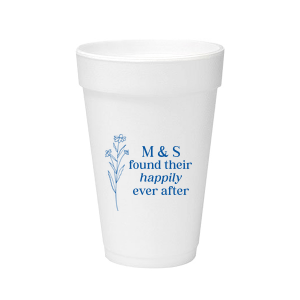 Celebrate the blossoming of a new union with the Happily Ever After Floral Cup, adorned with a graphic of a delicate flower. Customize with the couple's initials to the right, placed elegantly above the phrase "found their happily ever after," symbolizing the beauty of their lasting love.