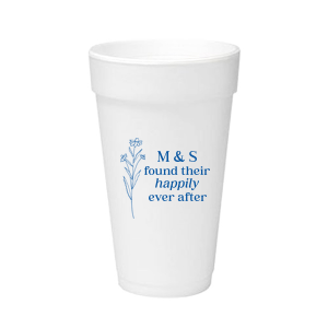 Celebrate the blossoming of a new union with the Happily Ever After Floral Cup, adorned with a graphic of a delicate flower. Customize with the couple's initials to the right, placed elegantly above the phrase "found their happily ever after," symbolizing the beauty of their lasting love.