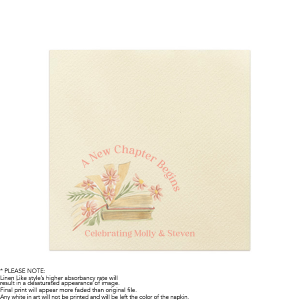 Turn the page to a beautiful beginning with the A New Chapter Begins Full Color Napkin, featuring an enchanting full-color illustration of books with flowers blooming from the pages. Beneath this symbol of growth and new beginnings, add a personalized touch with the couple's names, crafting an elegant narrative for your celebration.