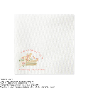 Turn the page to a beautiful beginning with the A New Chapter Begins Full Color Napkin, featuring an enchanting full-color illustration of books with flowers blooming from the pages. Beneath this symbol of growth and new beginnings, add a personalized touch with the couple's names, crafting an elegant narrative for your celebration.