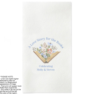 Unfold a tale of romance with the Love Story for the Books Floral Napkin, crowned with "A Love Story for the Books" above a vibrant illustration of an open book with flowers springing forth. Personalize this literary-themed napkin with the couple's names to add a chapter of charm to your special event.