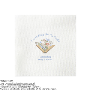 Unfold a tale of romance with the Love Story for the Books Floral Napkin, crowned with "A Love Story for the Books" above a vibrant illustration of an open book with flowers springing forth. Personalize this literary-themed napkin with the couple's names to add a chapter of charm to your special event.