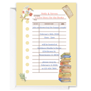 Invite guests to a storybook celebration with the Library Card Invitation, charmingly designed to resemble a classic library card. Personalize this full-color invite with the couple's names and your wedding shower details, all alongside whimsical illustrations of books and blooms. A novel way to announce your upcoming union.