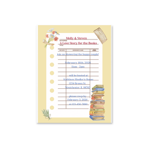 Invite guests to a storybook celebration with the Library Card Invitation, charmingly designed to resemble a classic library card. Personalize this full-color invite with the couple's names and your wedding shower details, all alongside whimsical illustrations of books and blooms. A novel way to announce your upcoming union.