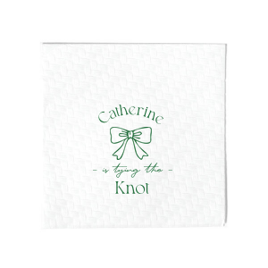 Set a scene of romance and anticipation with the Romantic Bow Bridal Shower Napkin, delicately personalized with the bride's name hovering above a graphic of an elegant bow, followed by "Tying the Knot" in a sleek, modern script. The perfect blend of love and style for her special day.