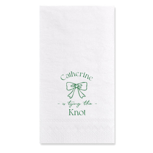 Set a scene of romance and anticipation with the Romantic Bow Bridal Shower Napkin, delicately personalized with the bride's name hovering above a graphic of an elegant bow, followed by "Tying the Knot" in a sleek, modern script. The perfect blend of love and style for her special day.