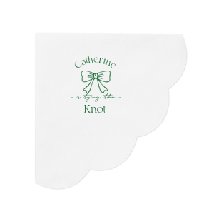 Set a scene of romance and anticipation with the Romantic Bow Bridal Shower Napkin, delicately personalized with the bride's name hovering above a graphic of an elegant bow, followed by "Tying the Knot" in a sleek, modern script. The perfect blend of love and style for her special day.