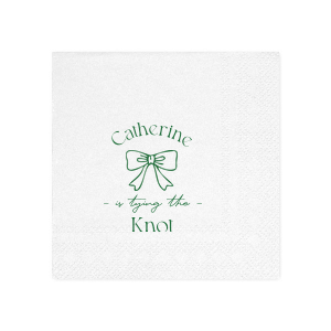 Set a scene of romance and anticipation with the Romantic Bow Bridal Shower Napkin, delicately personalized with the bride's name hovering above a graphic of an elegant bow, followed by "Tying the Knot" in a sleek, modern script. The perfect blend of love and style for her special day.